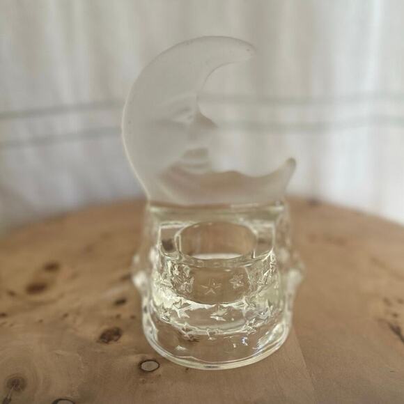 Vintage Frosted Glass Moon Face Tealight Candle Holder – 6” Tall Celestial Decor - Picture 2 of 4